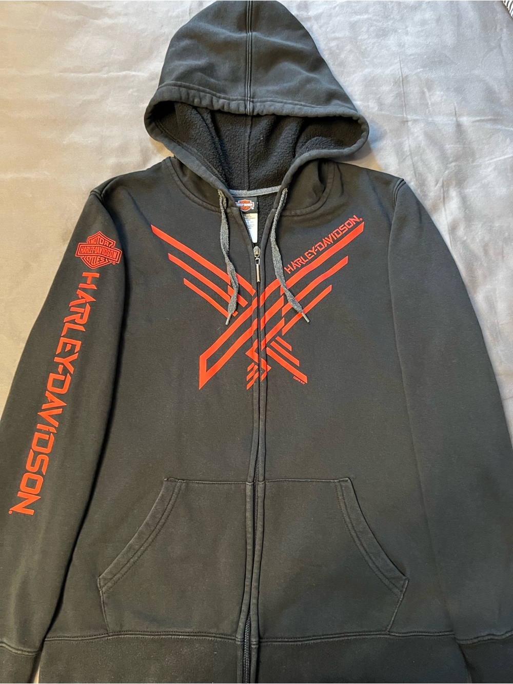 Harley-Davidson Black Hoodie with Red Graphic Zip Front Size Small.